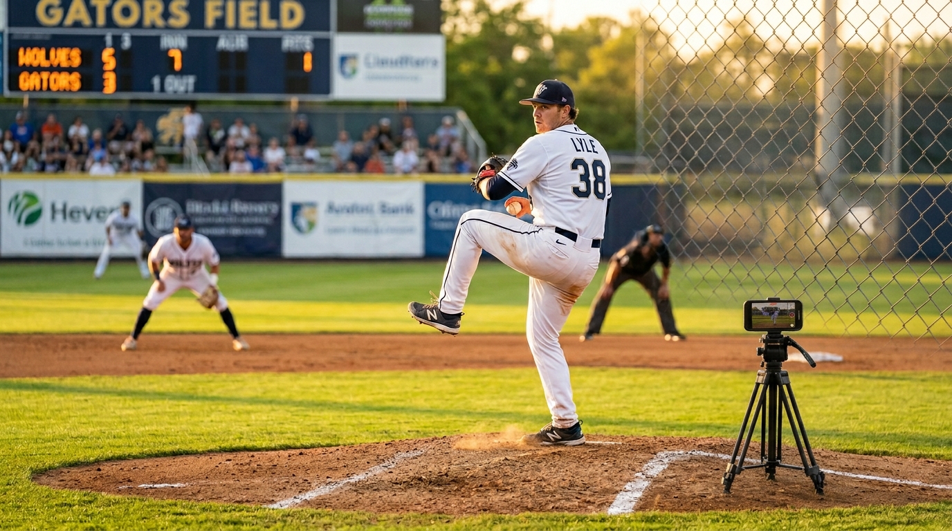 Baseball pitcher using DelayCam to review pitching mechanics on a dugout screen