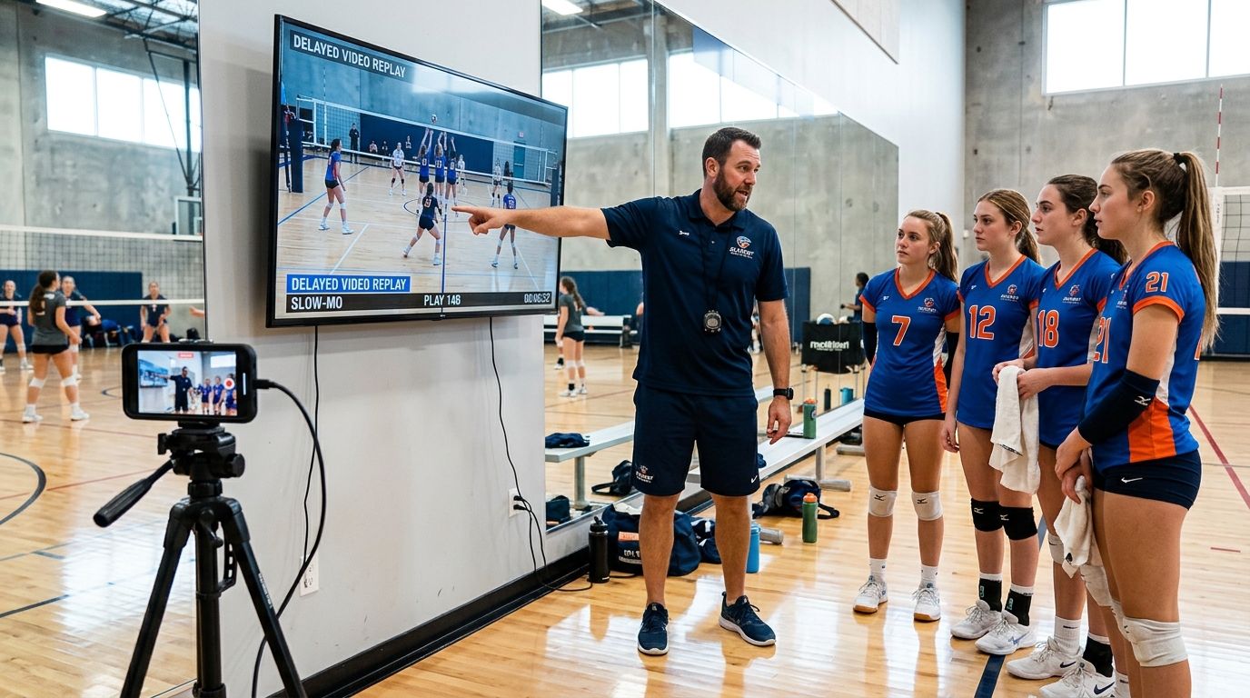 School students using DelayCam for group training on a large screen