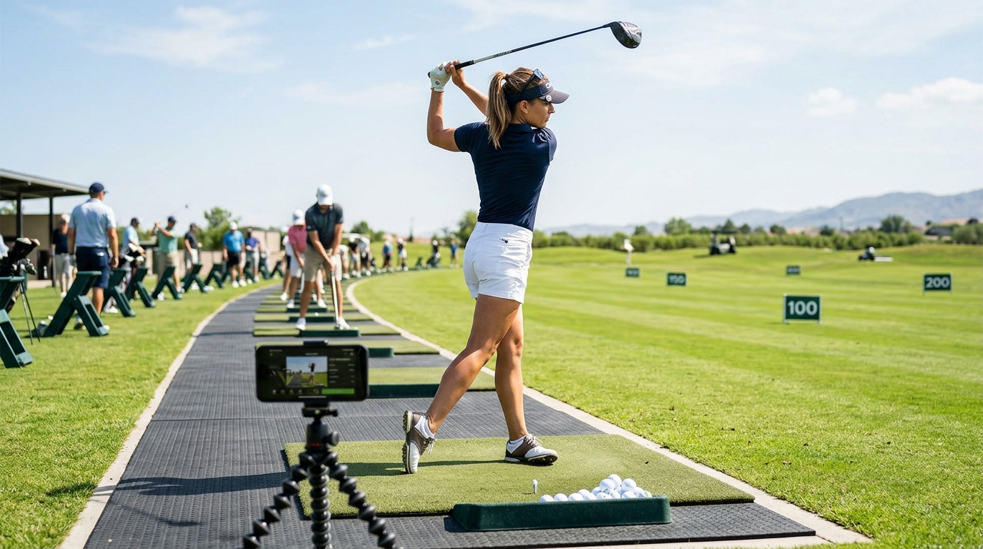 Golf instructor using DelayCam to analyze student swings on a big screen