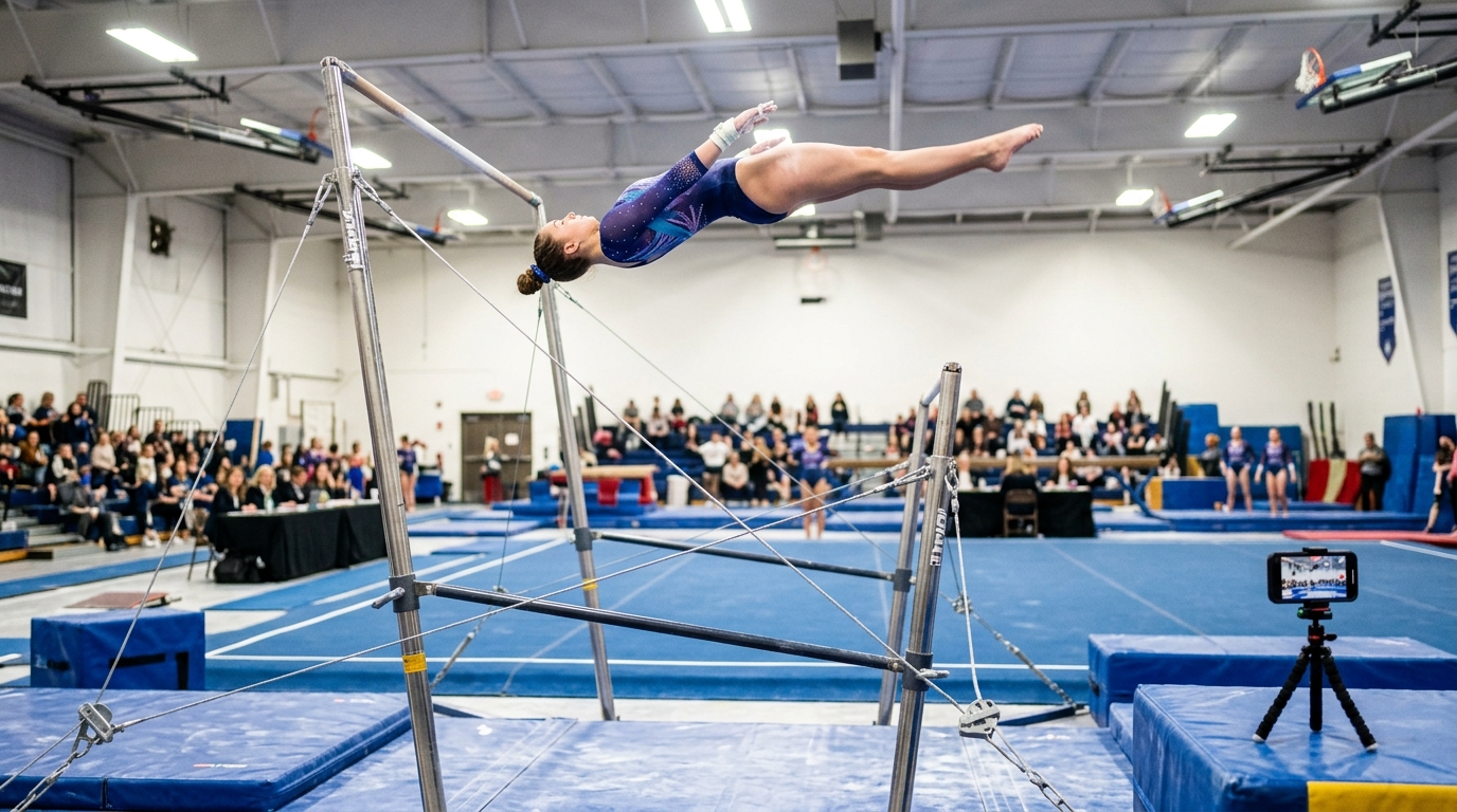 Gymnastics coach using DelayCam to review athlete routines on a big screen