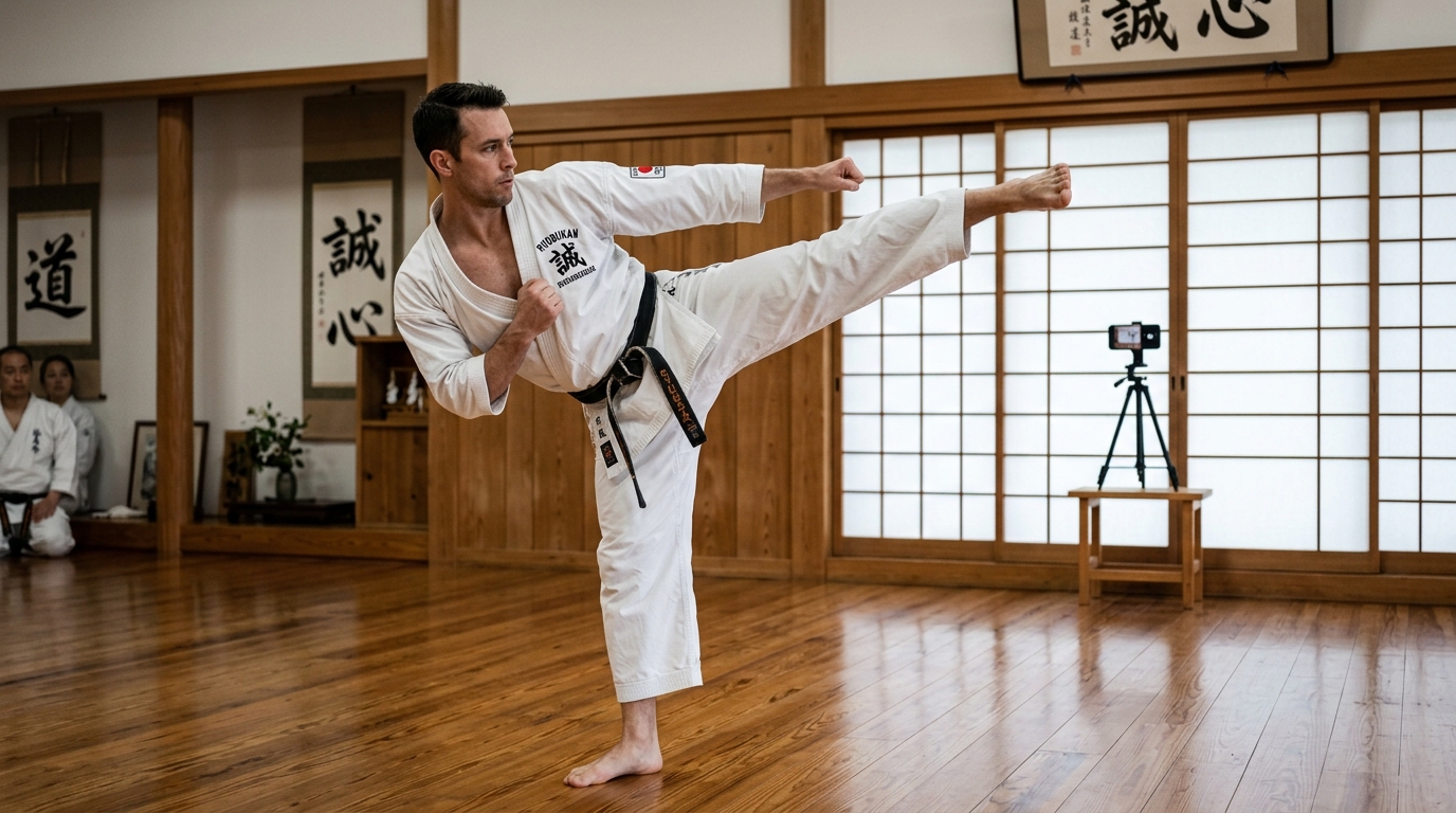 Martial arts instructor using DelayCam to review student technique on a dojo screen