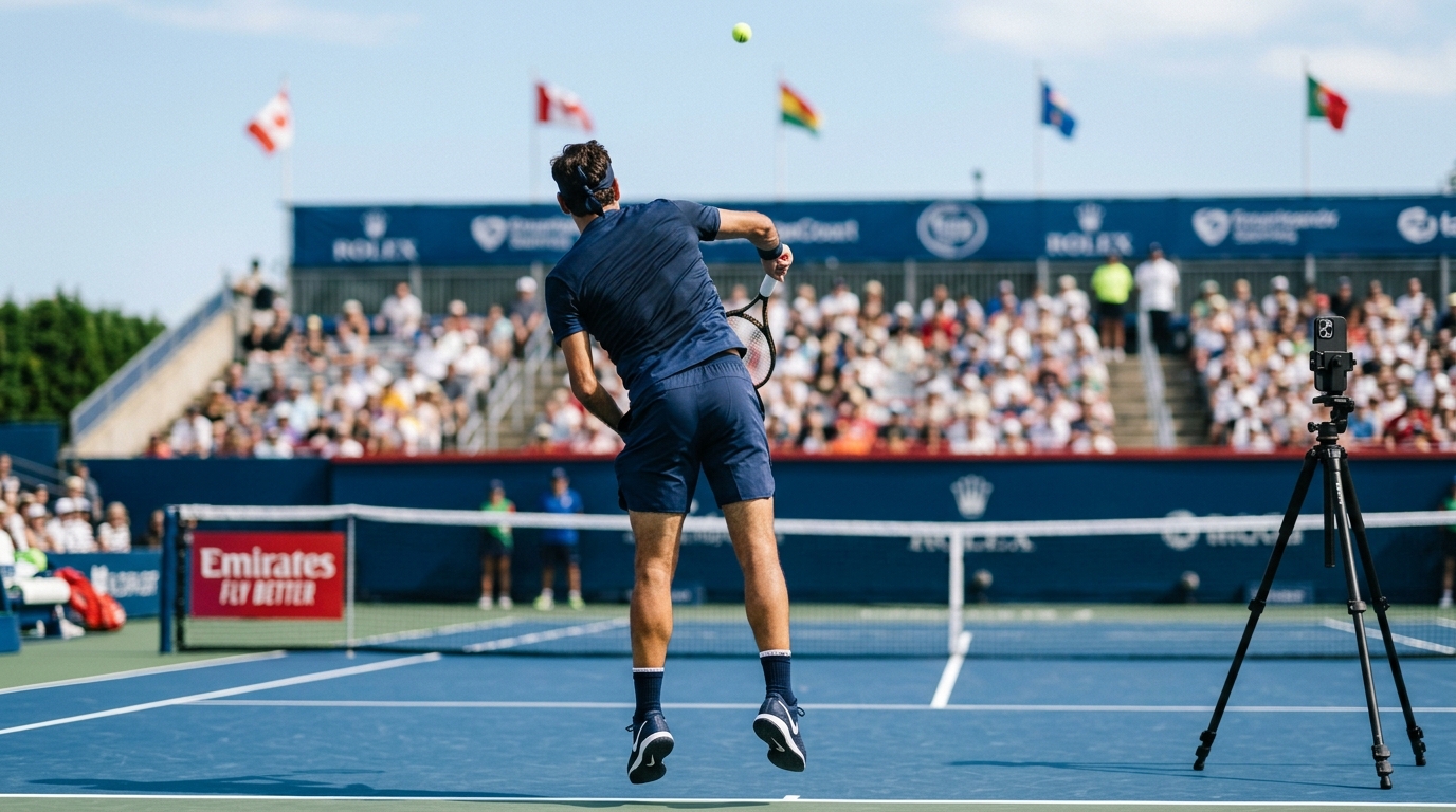 Tennis coach using DelayCam to analyze player serves on a courtside screen