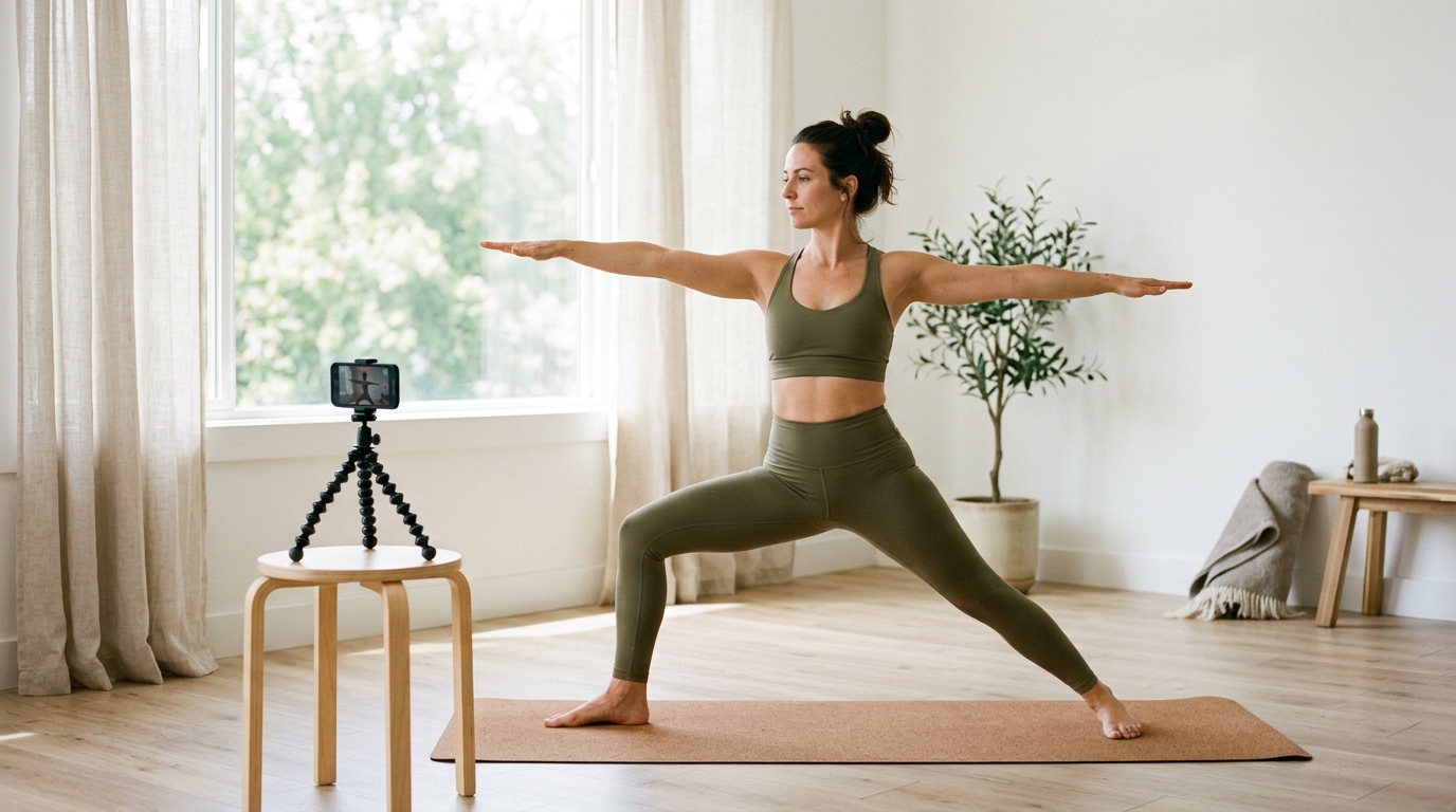 Yoga instructor using DelayCam to help students correct their poses on a big screen